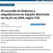 El mercado de fusiones y adquisiciones en Espaa desciende un 16,4% en 2019, segn TTR
